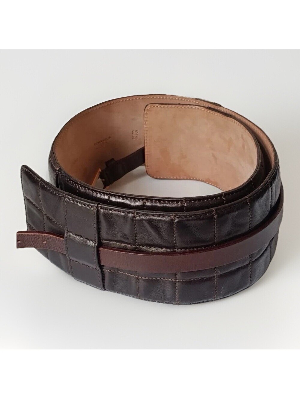 CHANEL 2002 Interlocking Wide CC Logo Brown Quilted Leather Belt Size 85/34
